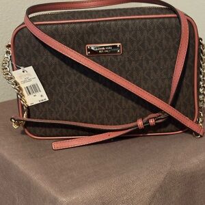 Michael Kors Dark Brown and Pink Crossbody Bag